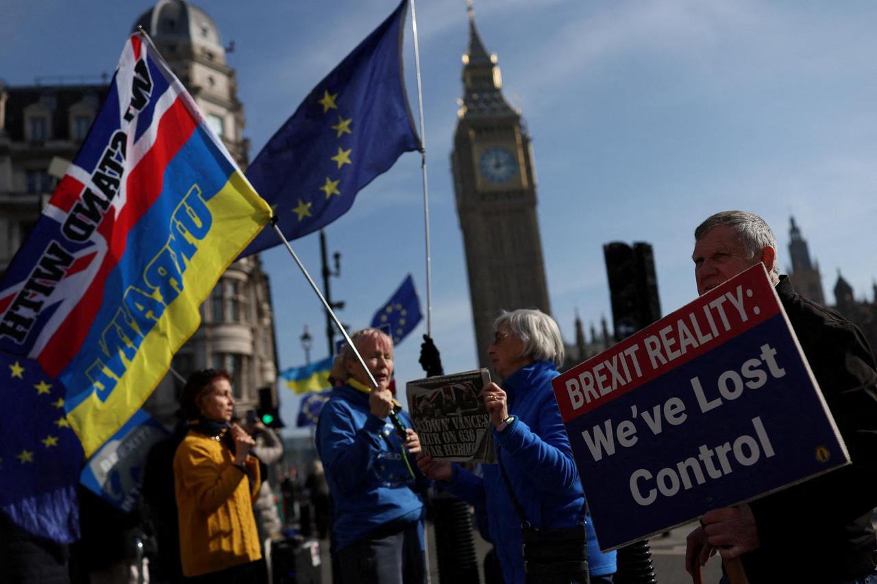 Anti-Brexit demonstrators protest outside Houses of Parliament in London