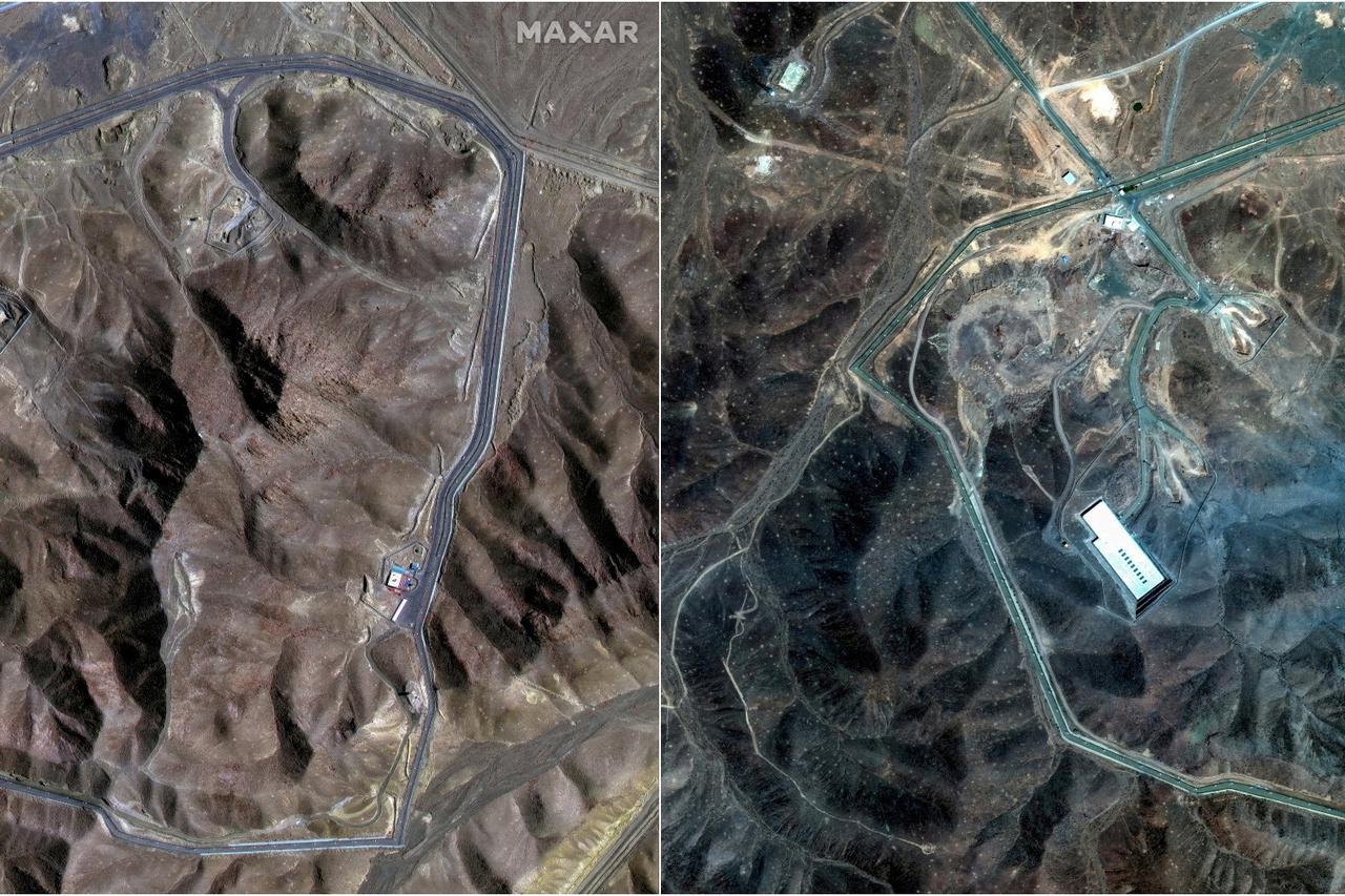 A combination picture shows satellite images over Fordow underground complex, before and after the U.S. struck the underground nuclear facility, near Qom