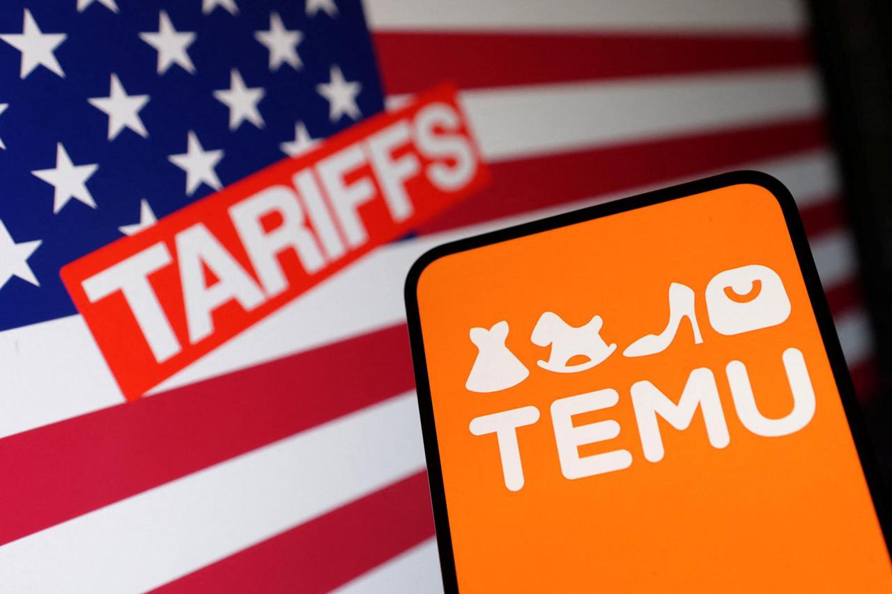 Illustration shows Temu logo and U.S. flag and word "Tariffs\