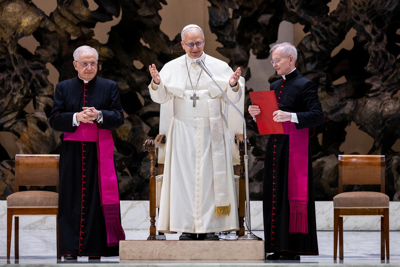 Pope Leo XIV holds an audience with representatives of the media in Paul VI hall at the Vatican