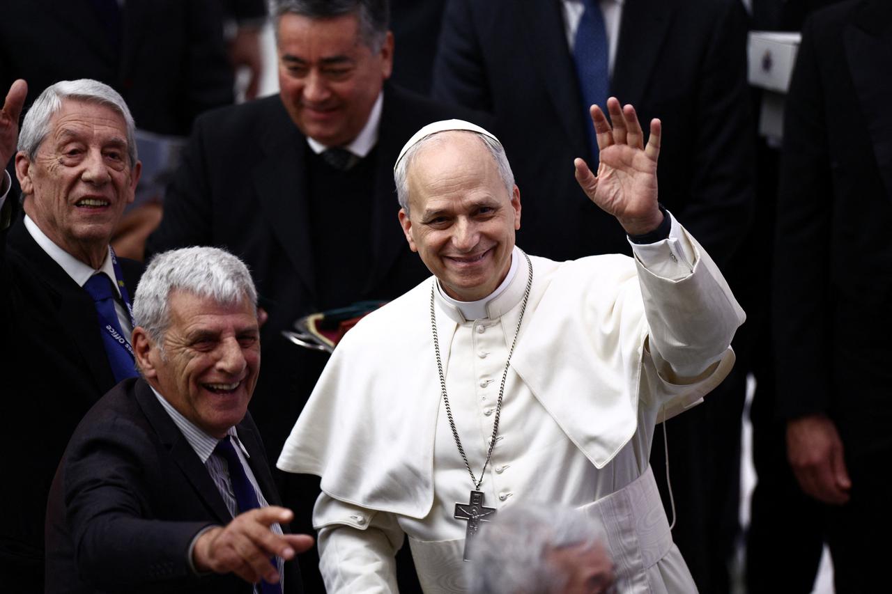 Pope Leo XIV holds an audience with representatives of the media in Paul VI hall at the Vatican